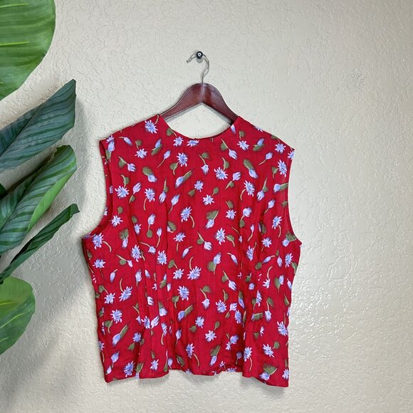 J. Crew Pintuck Brushed Daisy Print Shell Top Red Size 16 - Picture 1 of 8